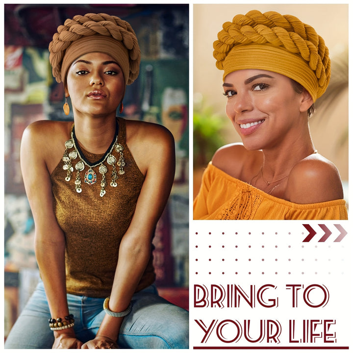 6 Pack Braid Turban Cap for Women Ethnic Bohemia Twisted Hair Cover Wrap Hat African Pre Tied Bonnet Cancer Braid Turban Hat Beanies Headwear Multicoloured