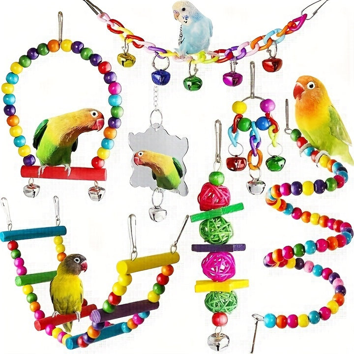 5pcs/8pcs/15pcs of Long-Tailed Parakeet Toys, Hanging Bells for Pet Bird Cages, Hammocks, Swings, Wooden Perches for Chewing, Suitable for Budgerigars, Conures, Lovebirds, Finches, And Long-Tailed Parakeets. Swinging And Stan