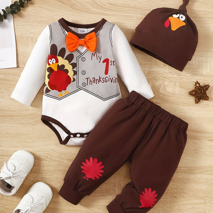 Baby Hot Thanksgiving Turkey Cute Suit, Long-sleeved Romper & Hat &Pants Set 3 Pcs