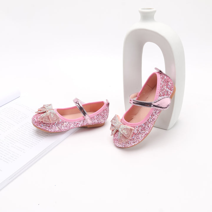 Sparkling Princess Mary Jane Ballet Flats - Soft Sole, Glitter Sequin, Rhinestone Bow Girls Shoes for Everyday Wear - Comfortable, Fashionable, and Durable