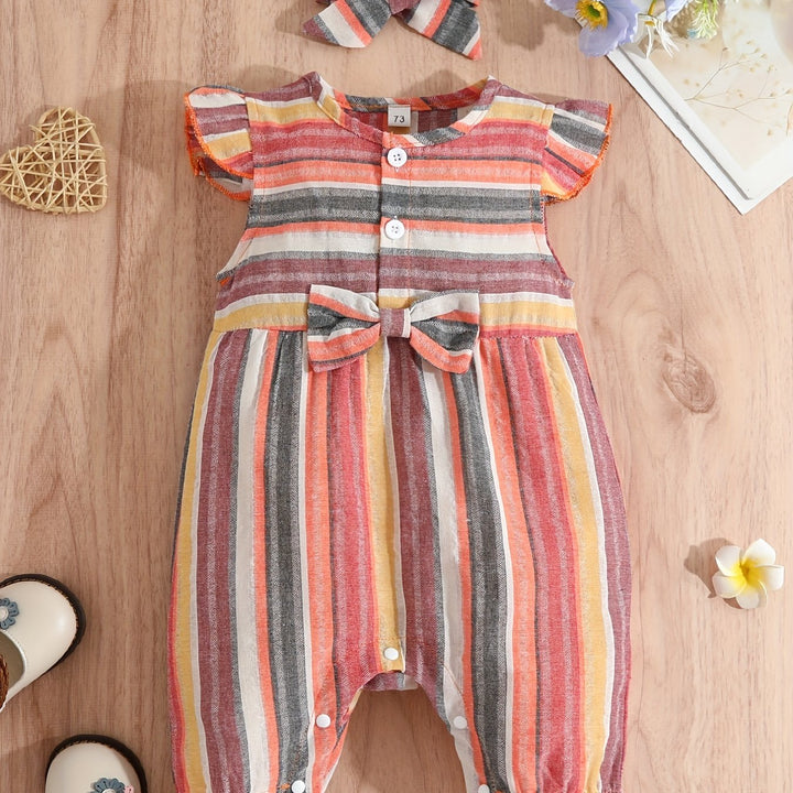 Baby Girls Striped Ruffled Romper Set with Bow Headband for Summer