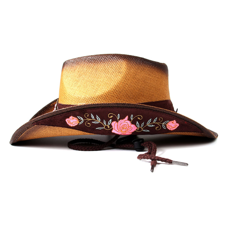 [Elegant Western Cowboy Hat] Natural Straw Western Cowboy Hat - Elegant Women's with Floral Embroidery, Sun Protection, Adjustable Drawstring, Perfect for Summer Outdoor Adventures