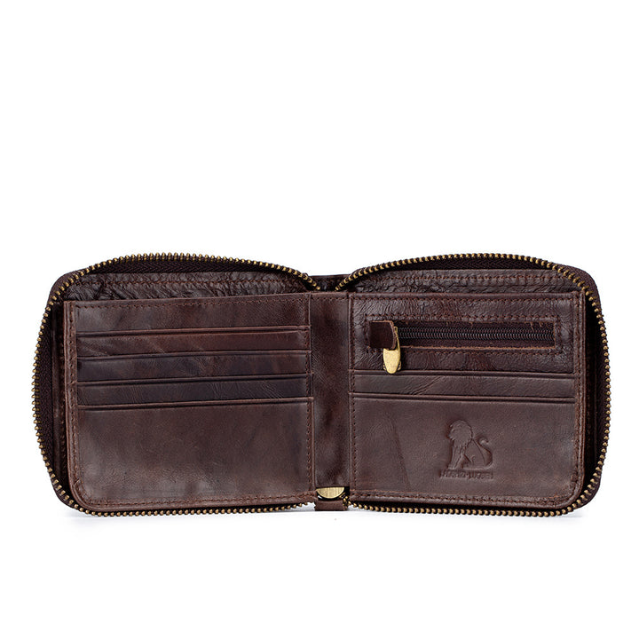 Men's Retro Genuine Leather Multi-Card Wallet with Zip, Large Capacity, Anti-Theft