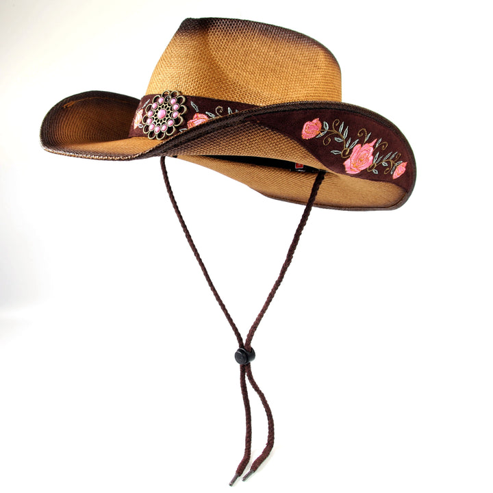 [Elegant Western Cowboy Hat] Natural Straw Western Cowboy Hat - Elegant Women's with Floral Embroidery, Sun Protection, Adjustable Drawstring, Perfect for Summer Outdoor Adventures